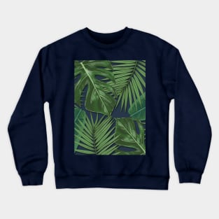 Monstera, Spider Palm, Tropical Leaves Print on Dark Blue Crewneck Sweatshirt